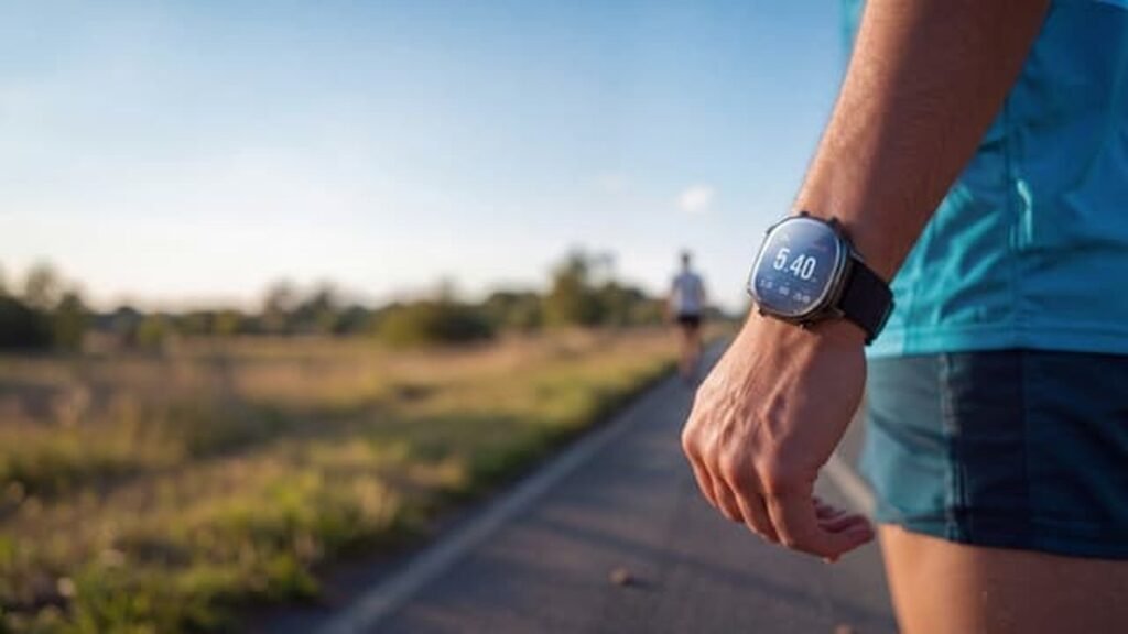 Runner checking a sport watch mid-run, one of the best fitness trackers of 2026