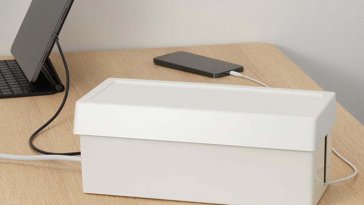 cable management box hiding desk power strip