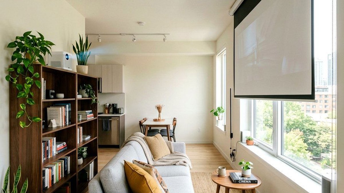 Ultra-short-throw home theater projector setup in a living room
