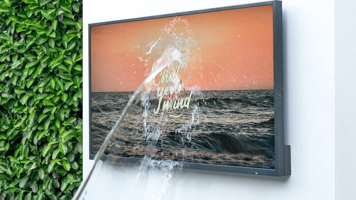 Weatherproof outdoor TV with rain droplets, best outdoor tvs