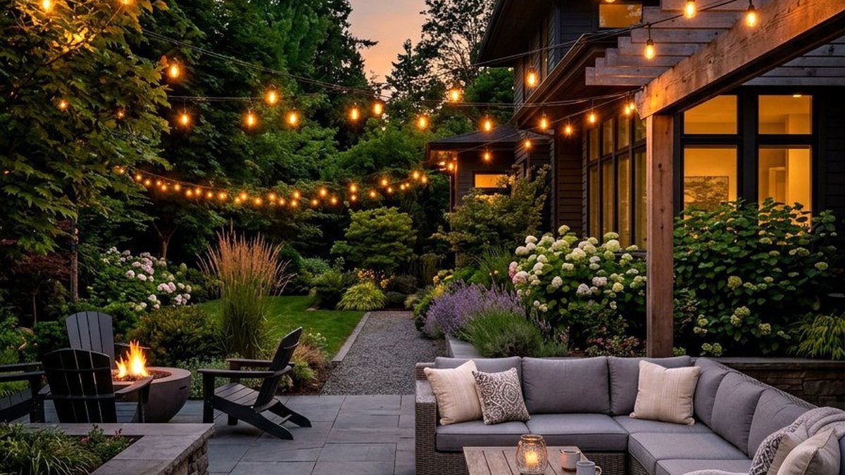 Backyard patio with one of the best outdoor TVs of 2026 at dusk
