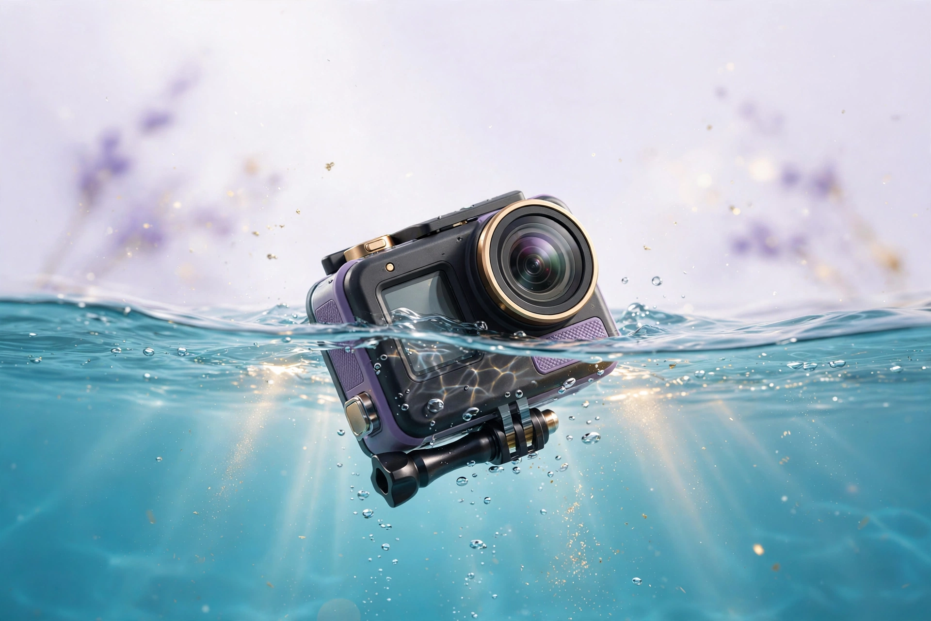 Action camera half-submerged in water