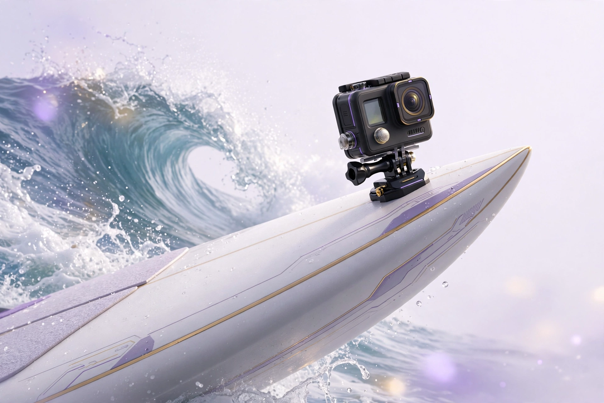 Action camera mounted on a surfboard