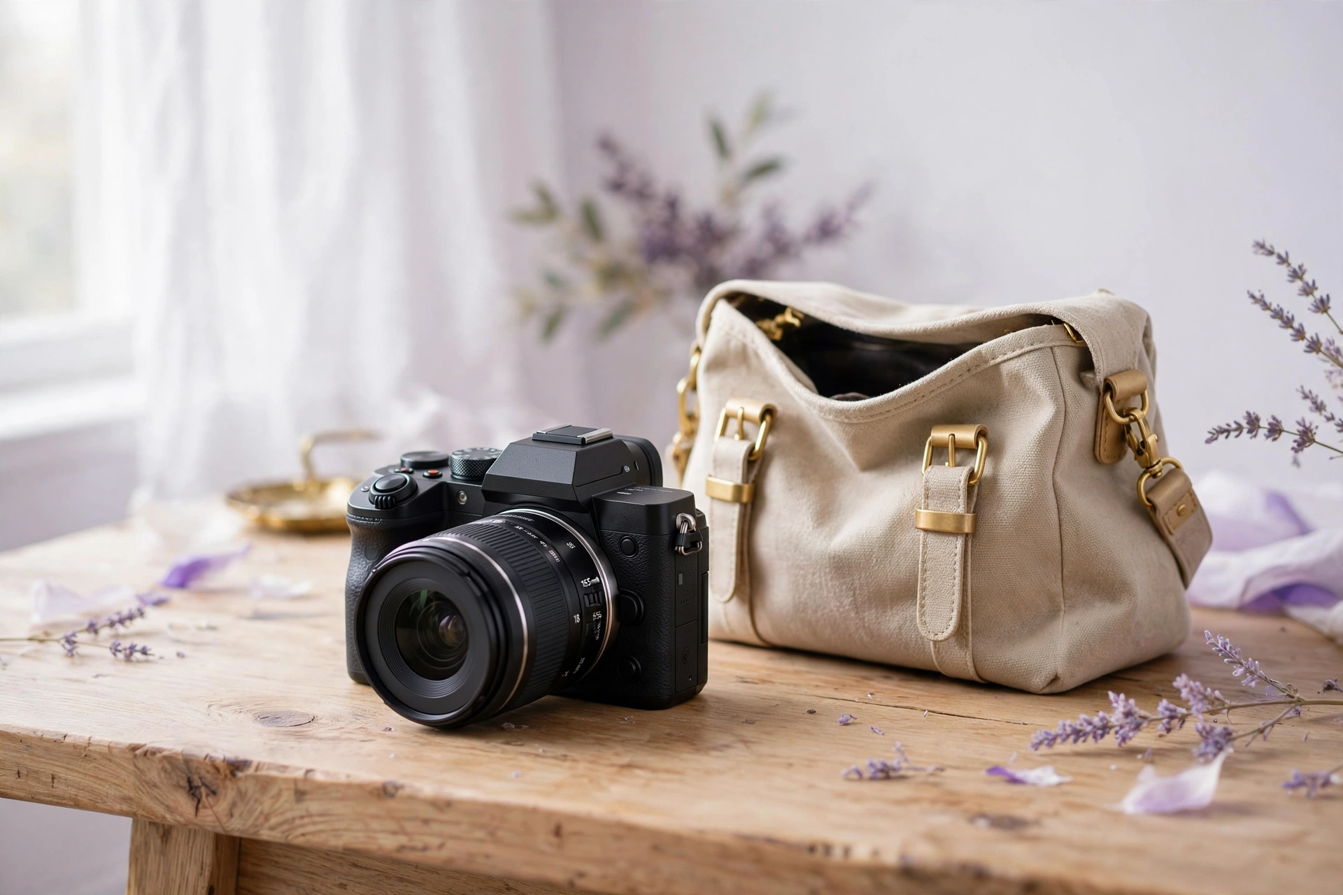 Mirrorless camera with kit lens on a table