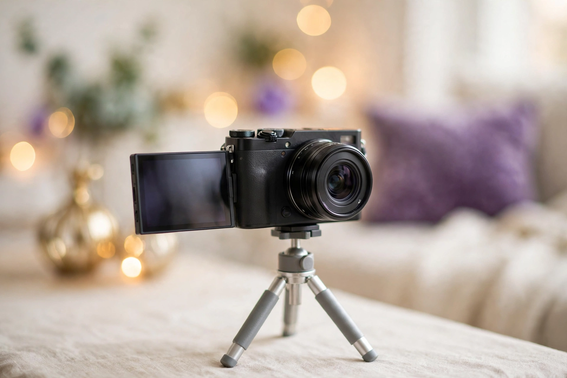 Vlogging camera on a mini tripod