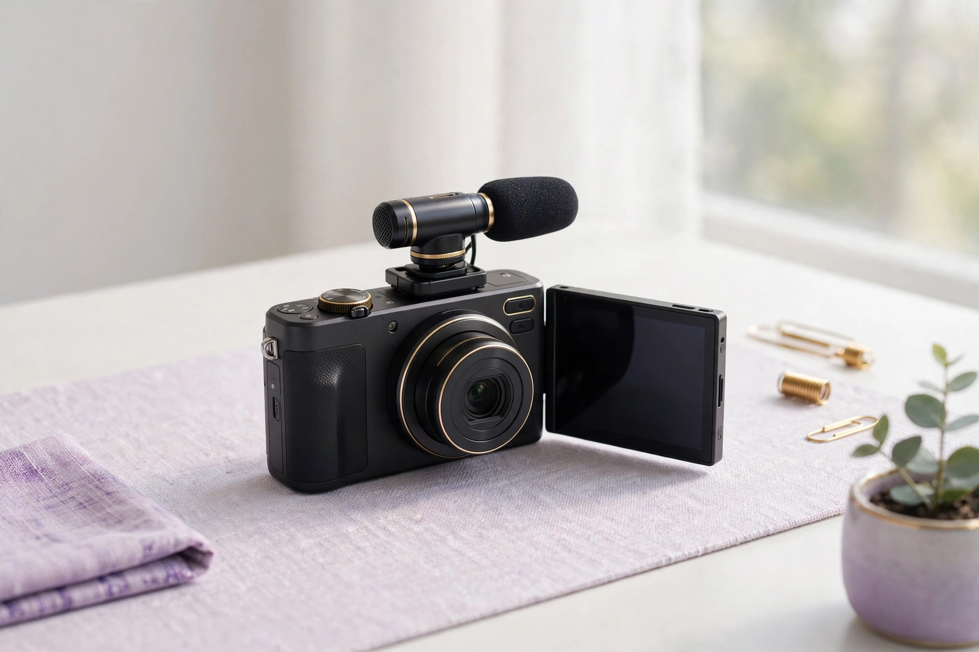 Vlogging camera with shotgun microphone